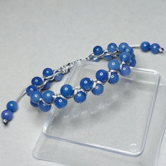 Hand Crafted Jewelry - Blue Aventurine Beaded Woven Silver Adjustable Bracelet